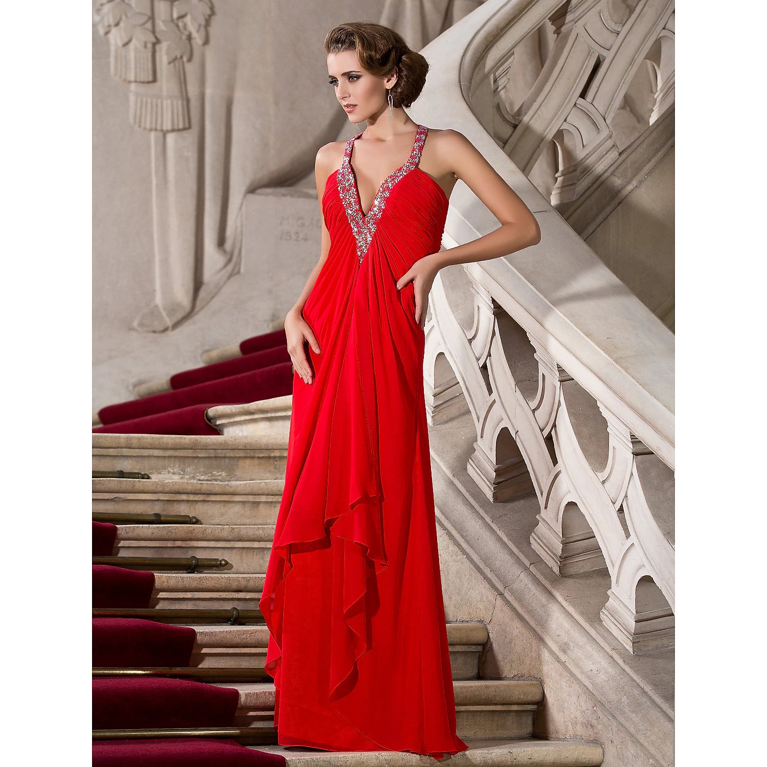A-Linien-Kleid im Promi-Stil für Hochzeitsgäste, formelle Abendgarderobe, bodenlang, ärmellos, tiefer Ausschnitt, Chiffon mit Perlenbesatz
